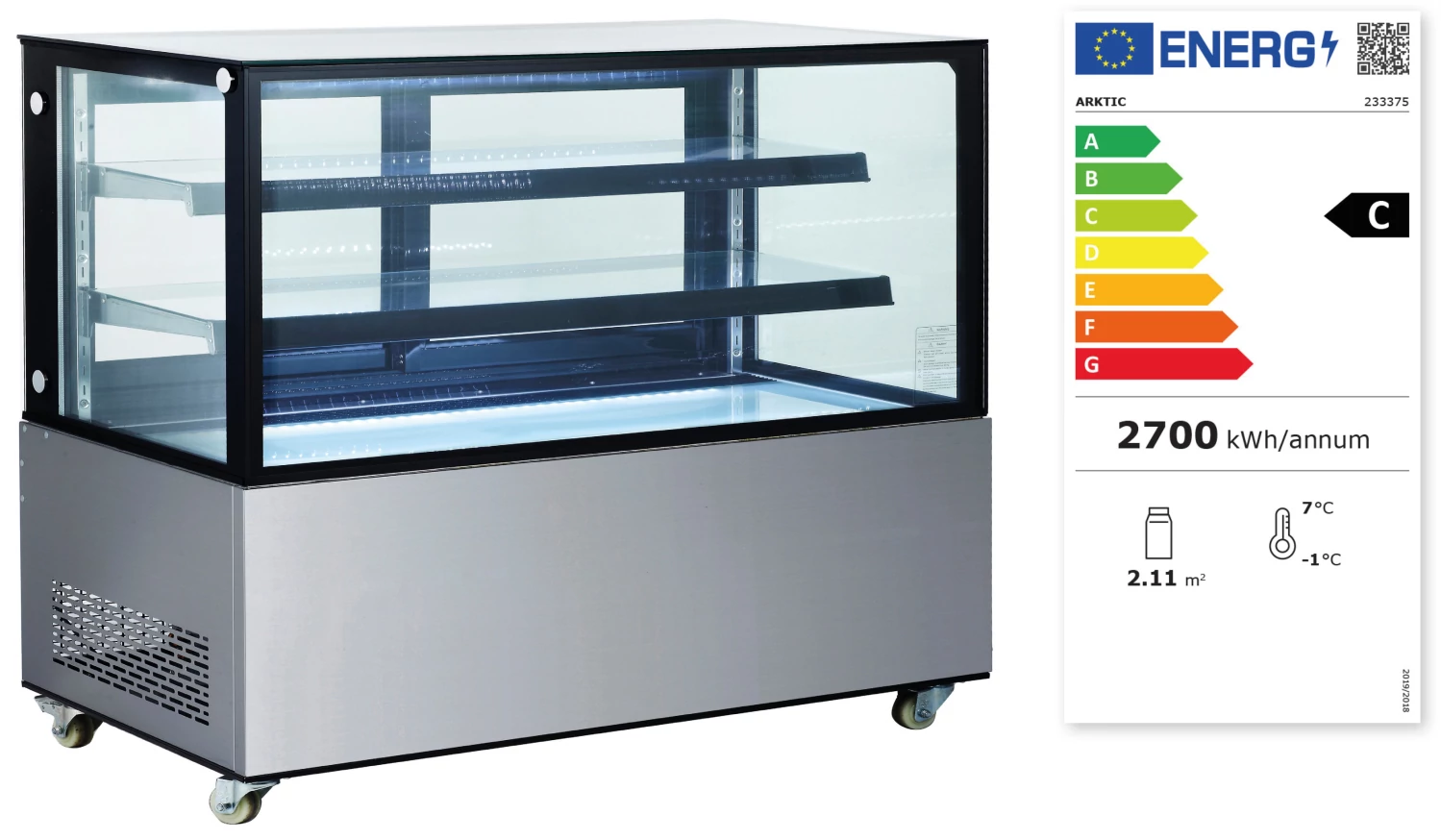 Süteményes vitrin 2 üveg polccal 510l