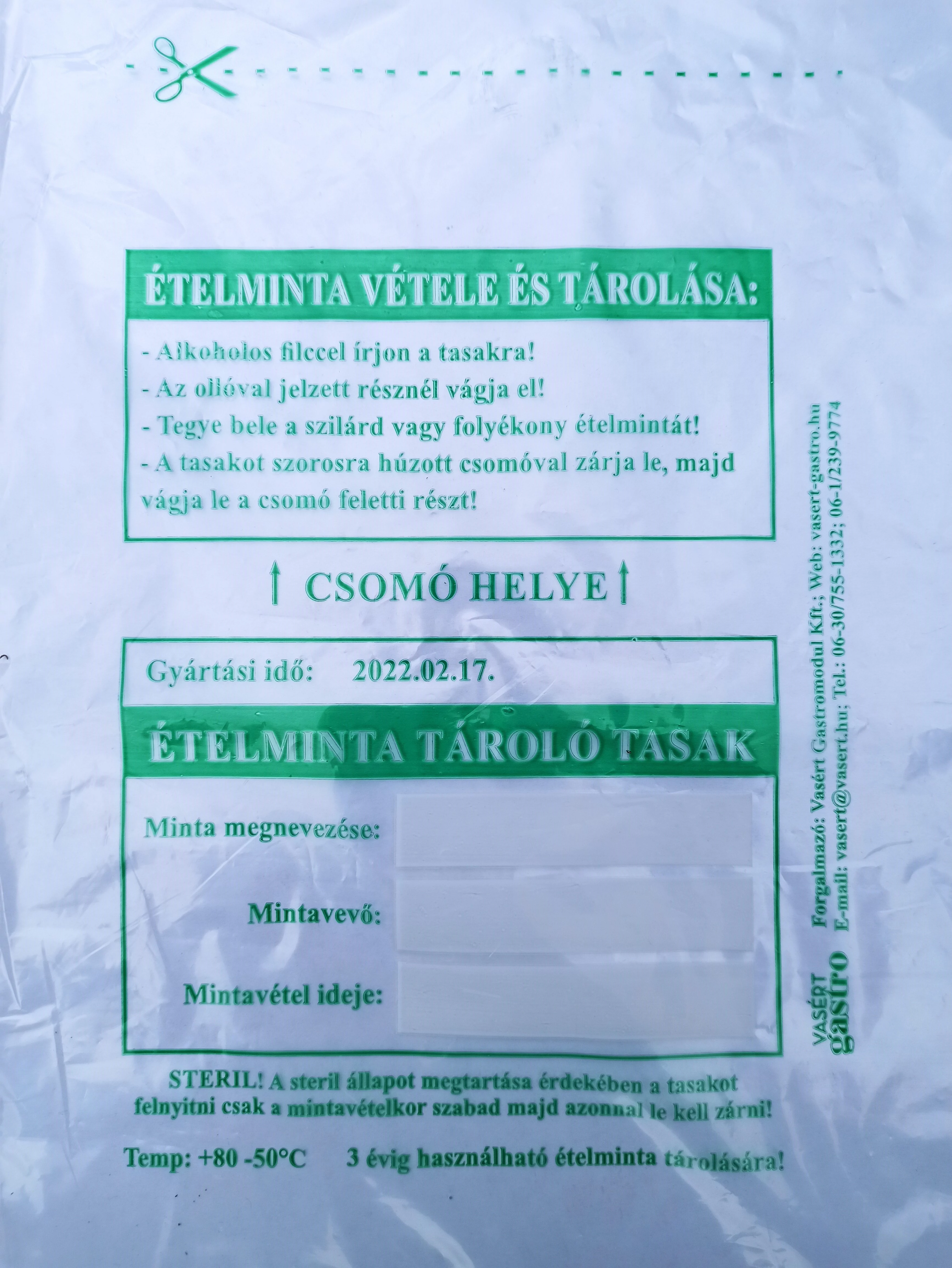 Steril ételminta tároló tasak 1000 db/csomag